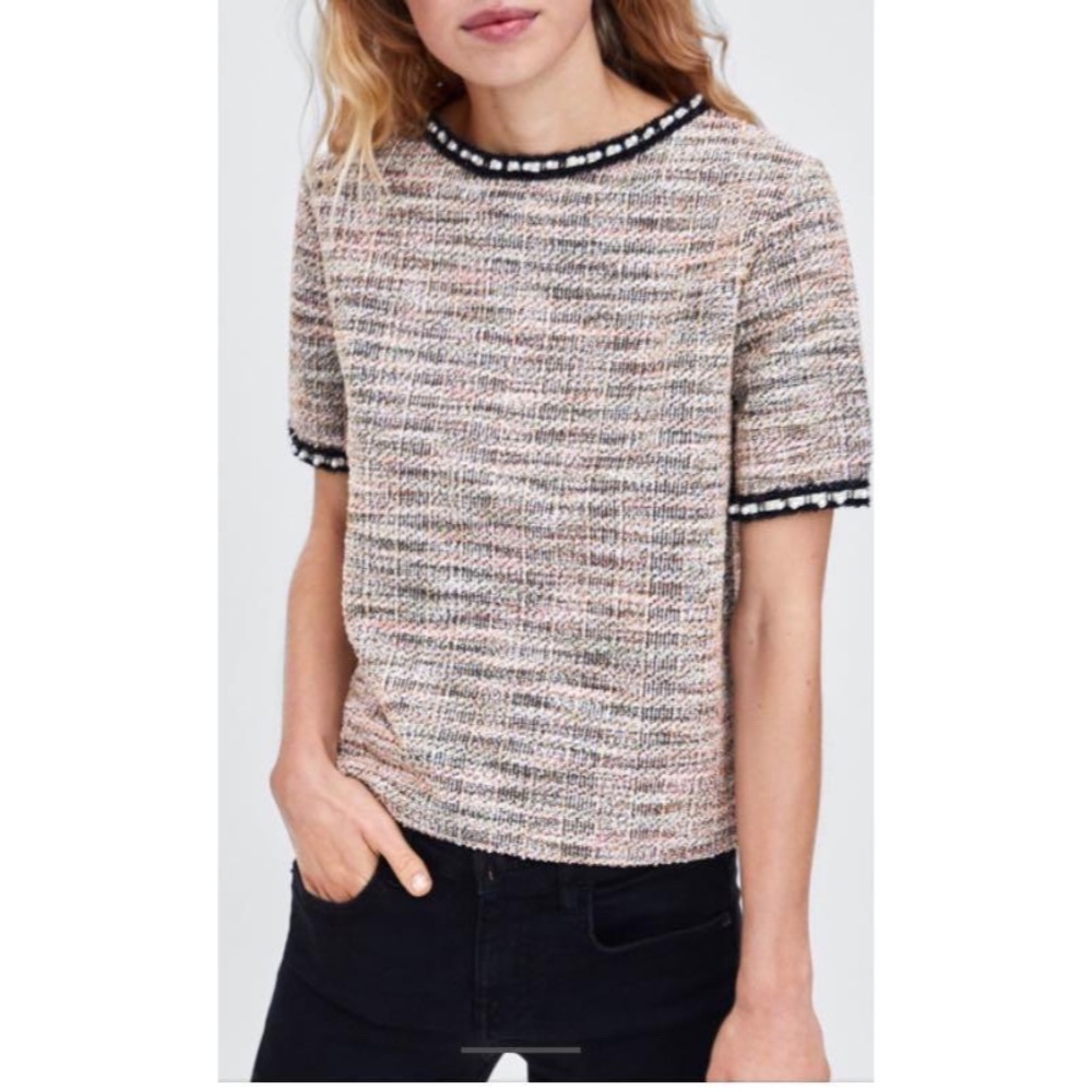 ZARA trafaluc tweed Pearl top size medium short sleeve - Picture 1 of 10